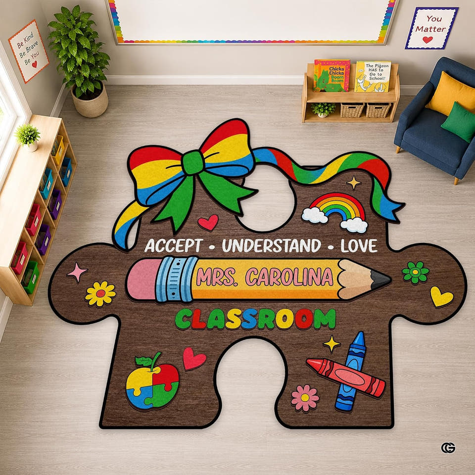 Classroom Area Rug displaying vibrant storybook art and playful characters in a thematic accent corner.