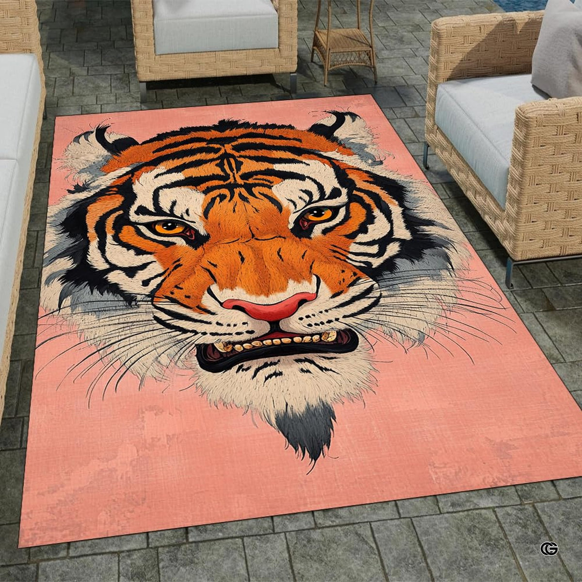 Home lounge arrangement displaying the blush pink tiger portrait accent rug - image 7 of 8
