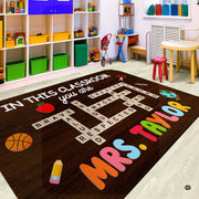 Teacher area rug with positive affirmation crossword tiles and cheerful school supplies artwork. - thumbnail image 4 of 8