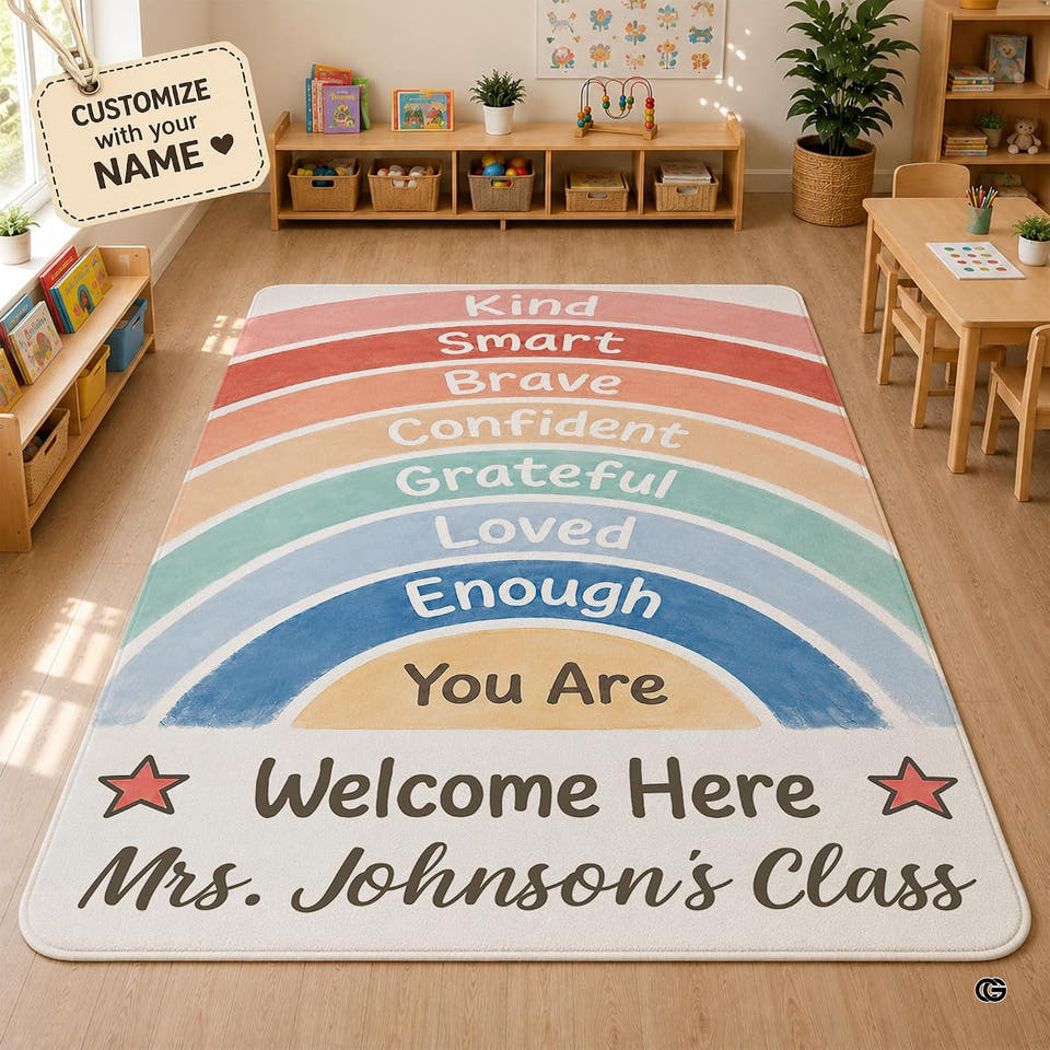 Happy area rugs showing classroom area rug with pastel tree branches and rainbow arch.