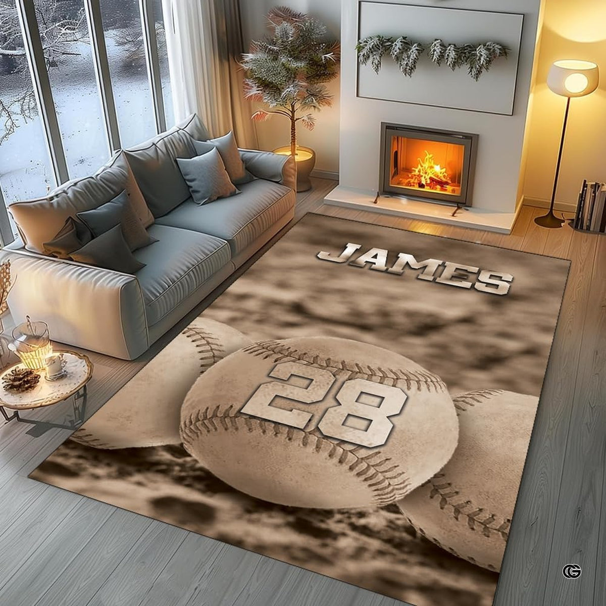 Sports fan cave layout displaying the sepia baseballs rug on hardwood flooring