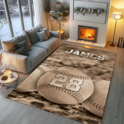 Sports fan cave layout displaying the sepia baseballs rug on hardwood flooring - thumbnail image 5 of 7