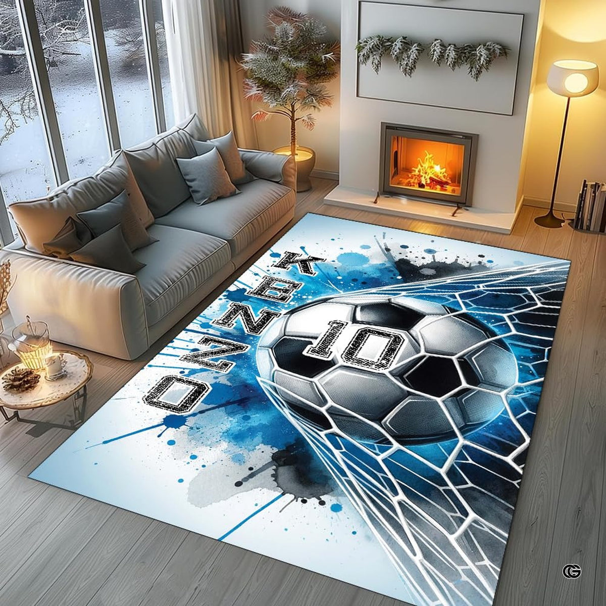 Modern bedroom interior styled with a blue watercolor soccer goal area rug beneath modern furniture.