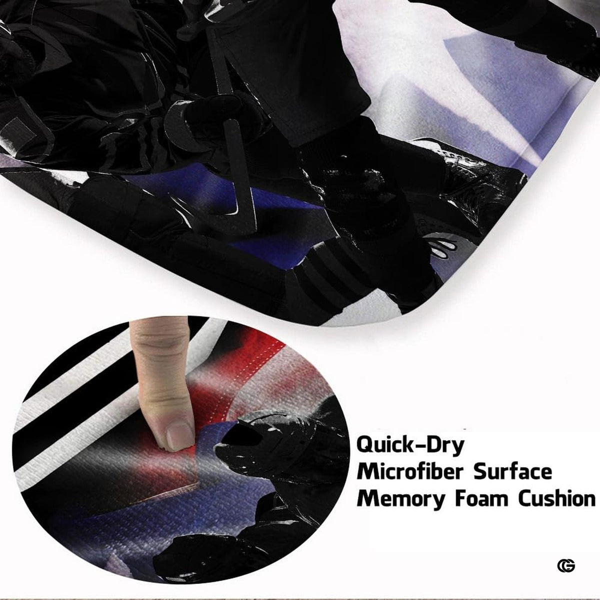 Hockey rink rug Canada styling featuring player silhouettes decorative accent a glowing arena stadium backdrop.