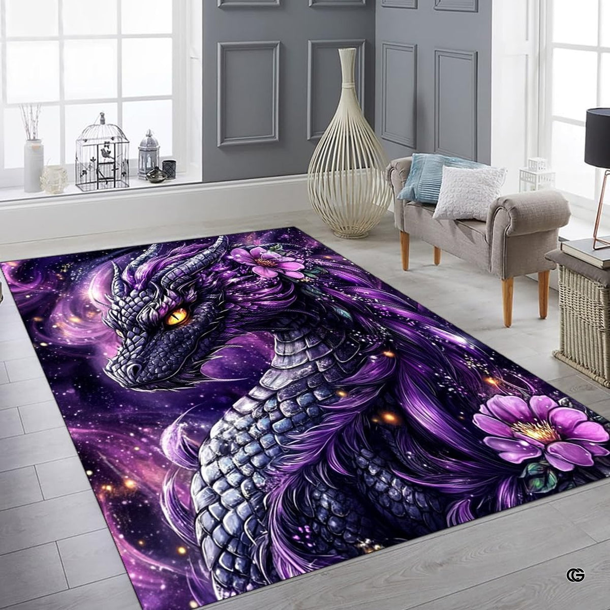 Bedroom layout showing the cosmic floral dragon rug near wooden furnishings