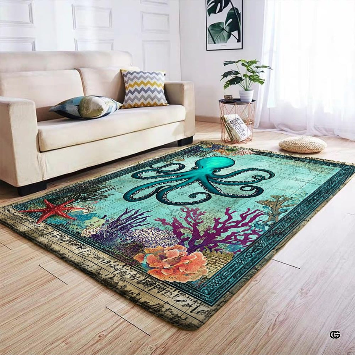 Nautical sea life area rug styled in a coastal living room alongside classic beach house furniture and decor.