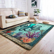 Nautical sea life area rug styled in a coastal living room alongside classic beach house furniture and decor. - thumbnail image 5 of 7