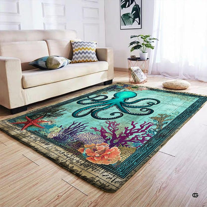 Nautical sea life area rug styled in a coastal living room alongside classic beach house furniture and decor. - thumbnail image 5 of 7