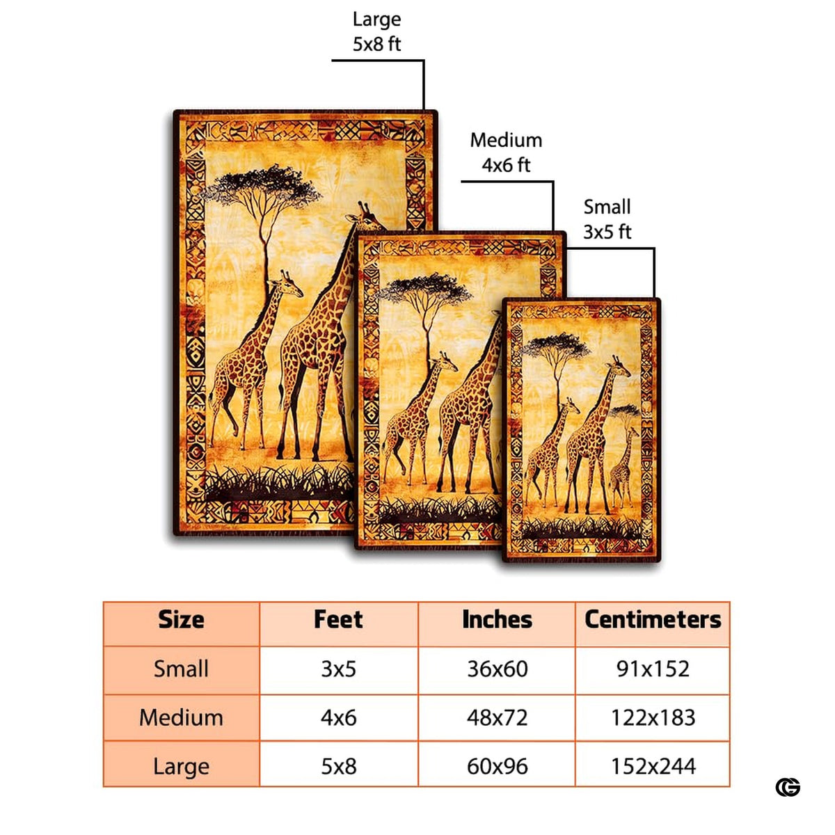 Patio stone lounge with wicker seating featuring the giraffe family area rug