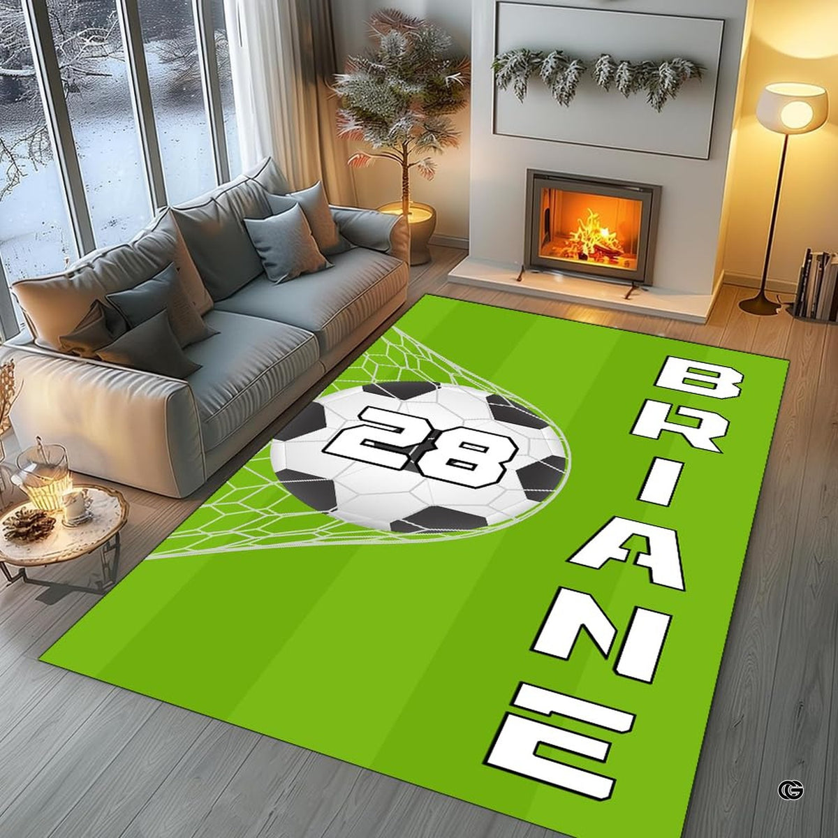 Sports room layout displaying the soccer pitch turf design rug on hardwood flooring