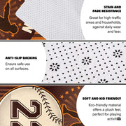 Infographic showing the non-skid dot backing and edge stitching of the baseball rug - thumbnail image 4 of 7