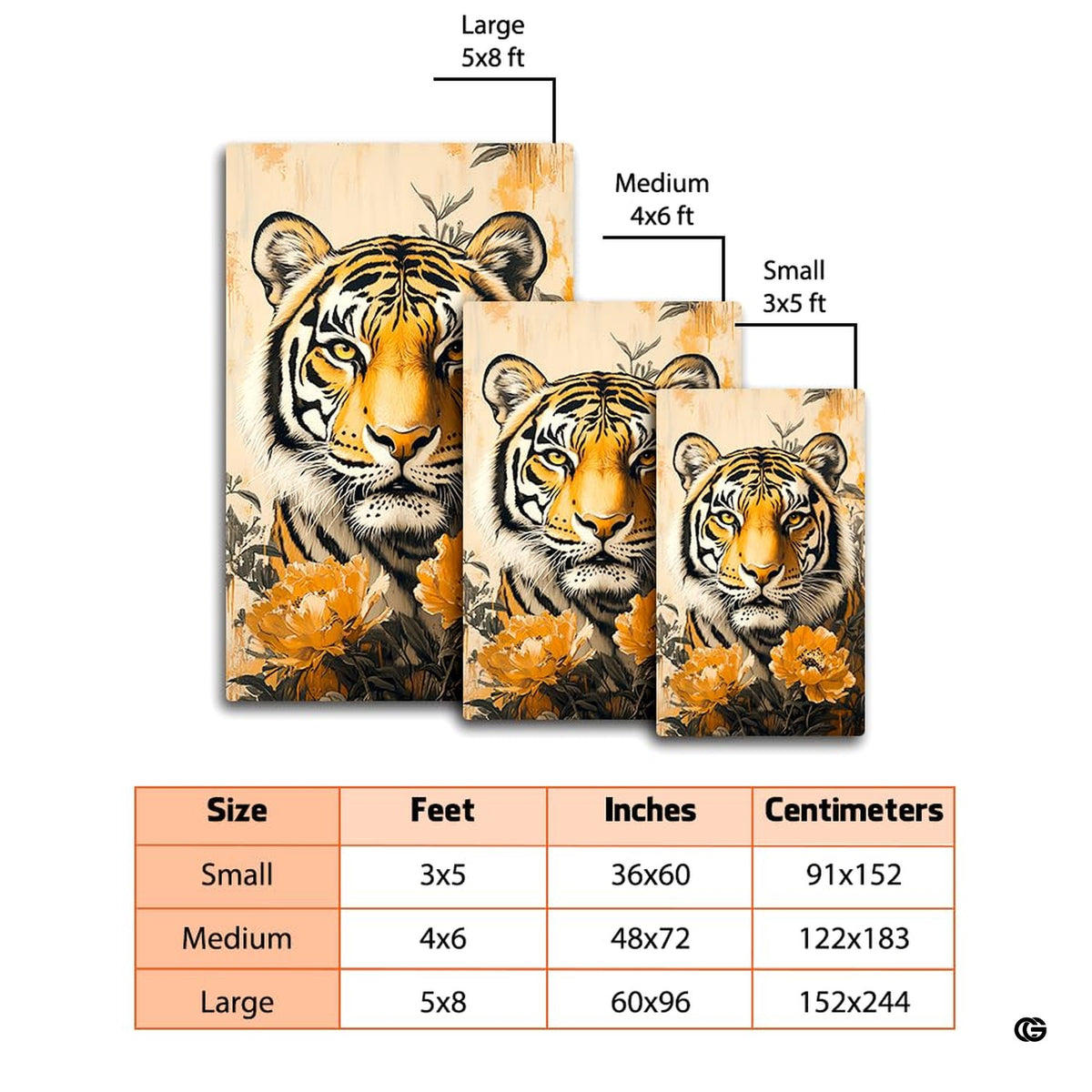 Dimensions and sizing chart for golden peony tiger portrait area rug