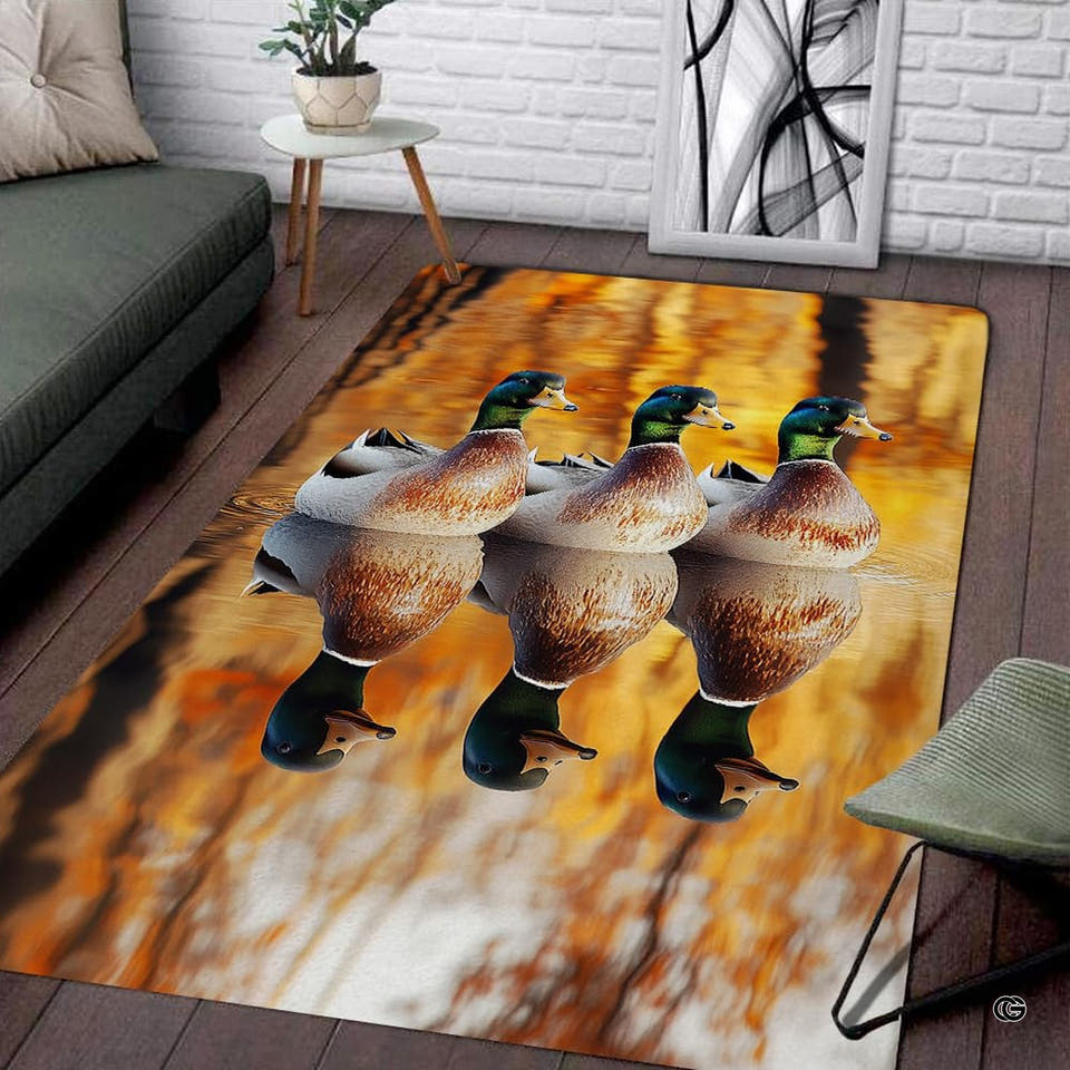 Autumn lake mallard wood duck area rug displayed in a cozy rustic living room