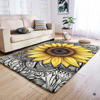 Sunflower mandala area rug styled on light wood floor in modern living room setting. - thumbnail image 4 of 7