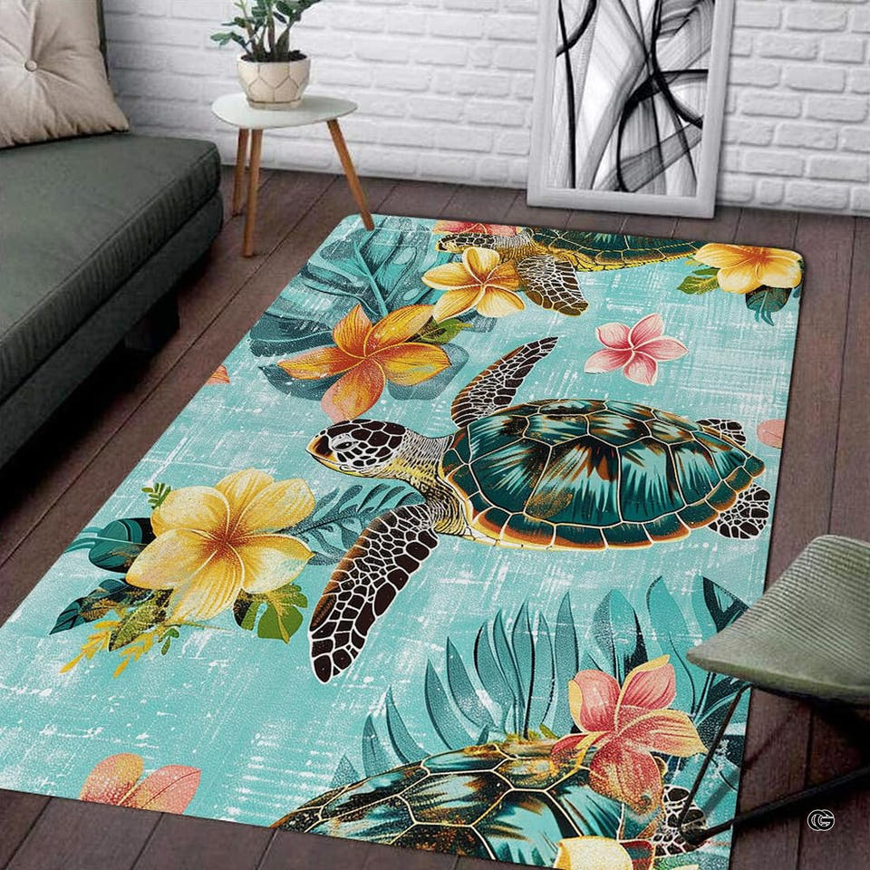 Vintage coastal hibiscus sea turtle illustration rectangular area rug.