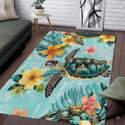 Vintage coastal hibiscus sea turtle illustration rectangular area rug. - thumbnail image 1 of 7