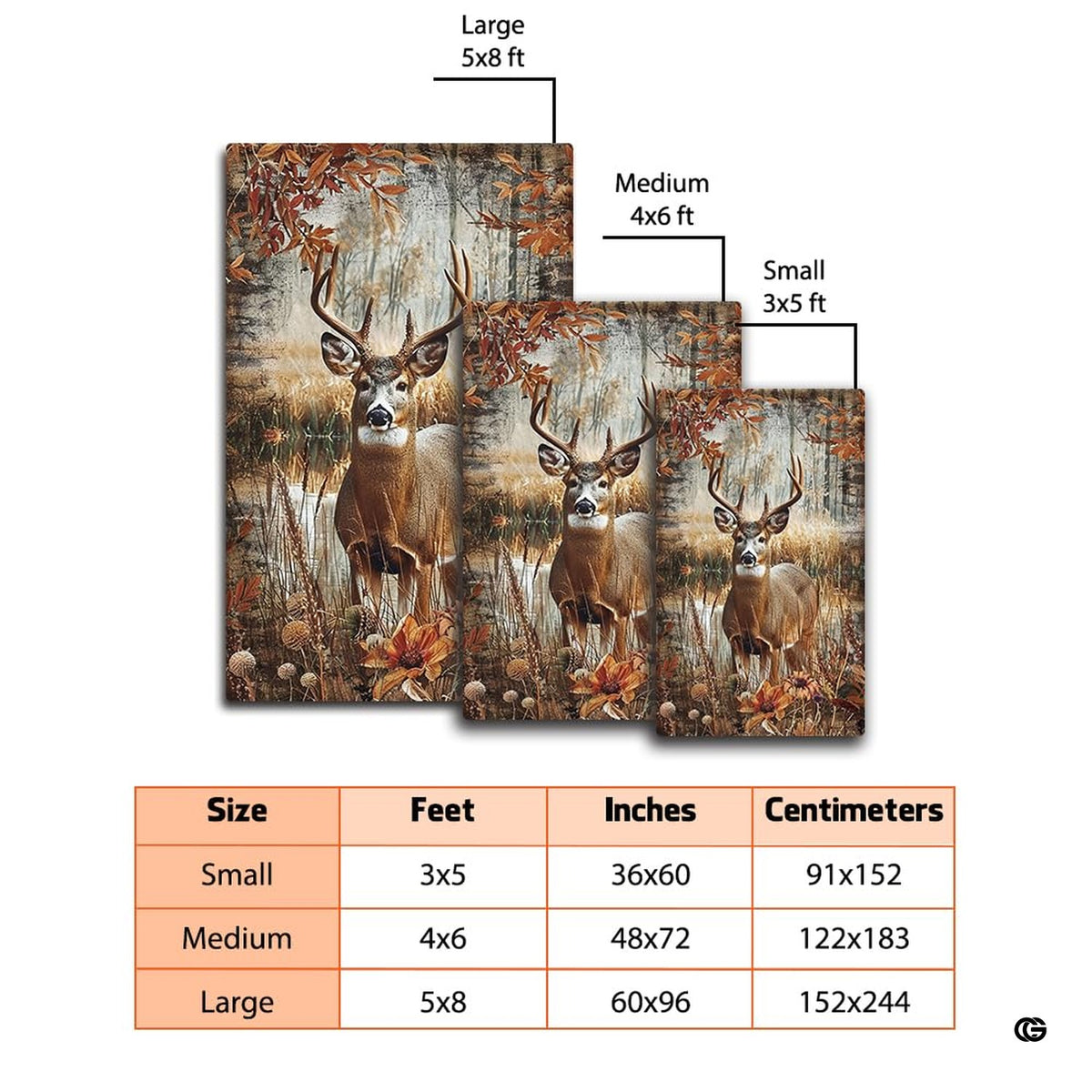 Dimensions and sizing options chart for autumn meadow whitetail deer buck area rug - image 2 of 7