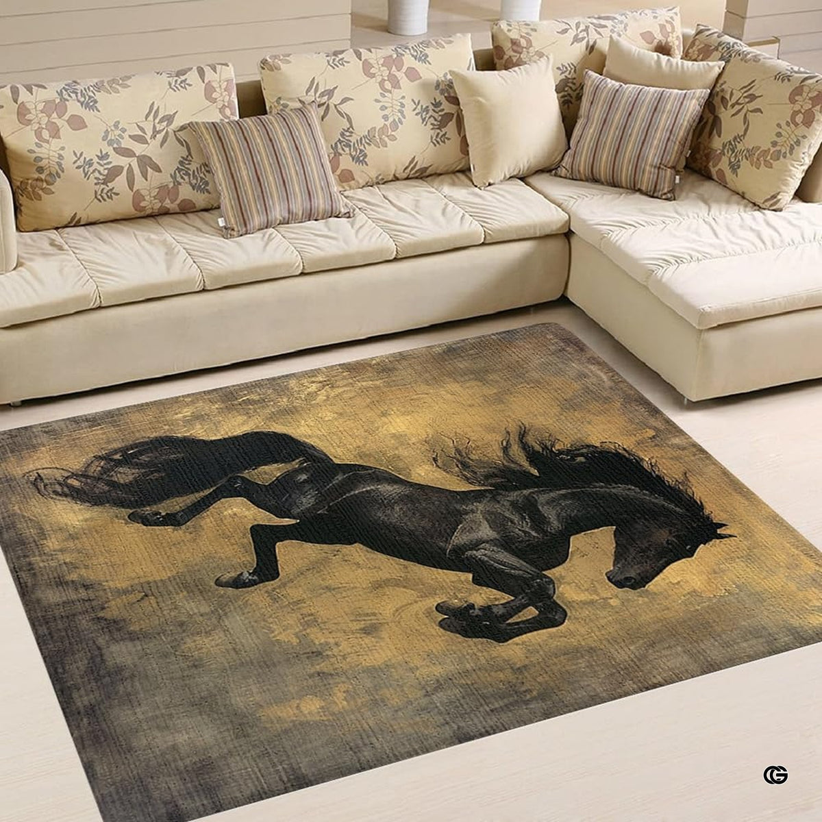 Overhead view of painterly black horse design on a distressed metallic gold rug. - image 2 of 5