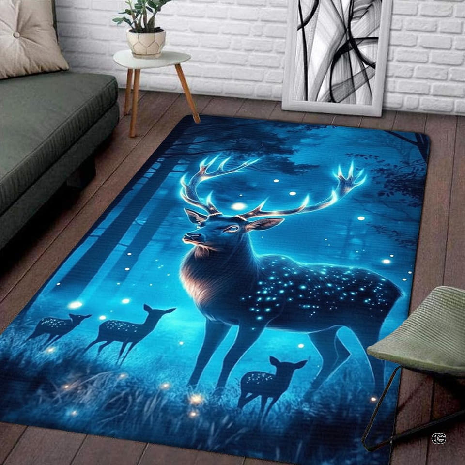 Magical forest rug featuring an illuminated stag with glowing antlers surrounded by enchanted trees.