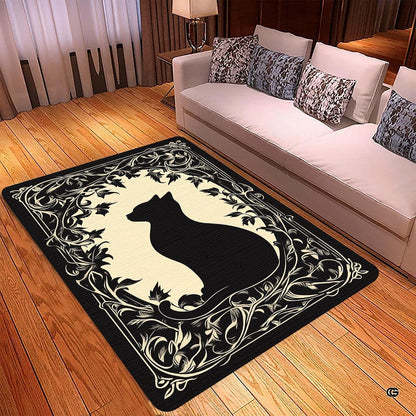 Close-up view of vintage scrolling vines and botanical leaf patterns on black cat area rug. - thumbnail image 2 of 5