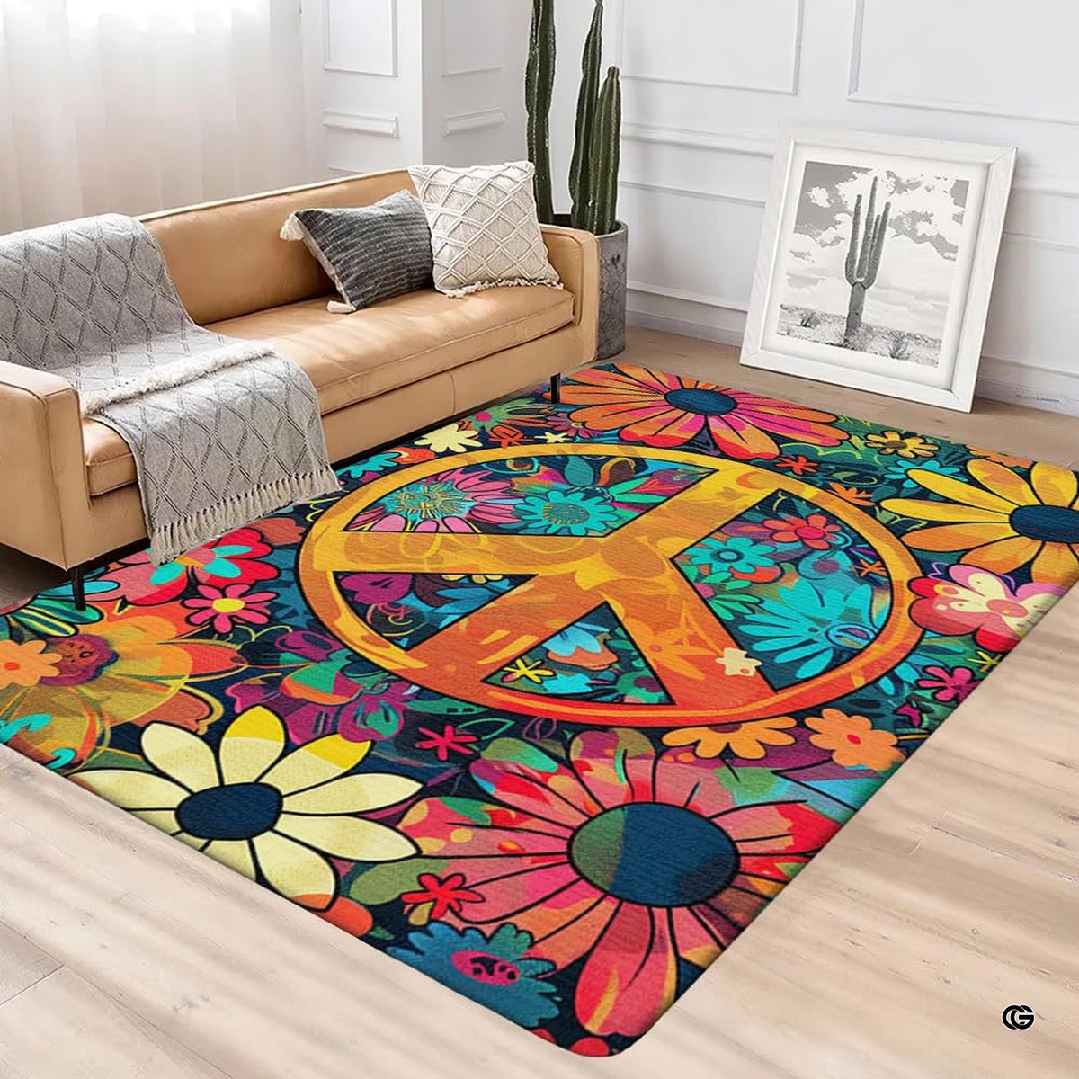 Stylistic retro area rug with hippie peace sign tattoo aesthetics placed beside modern wooden furniture decor. - image 4 of 5