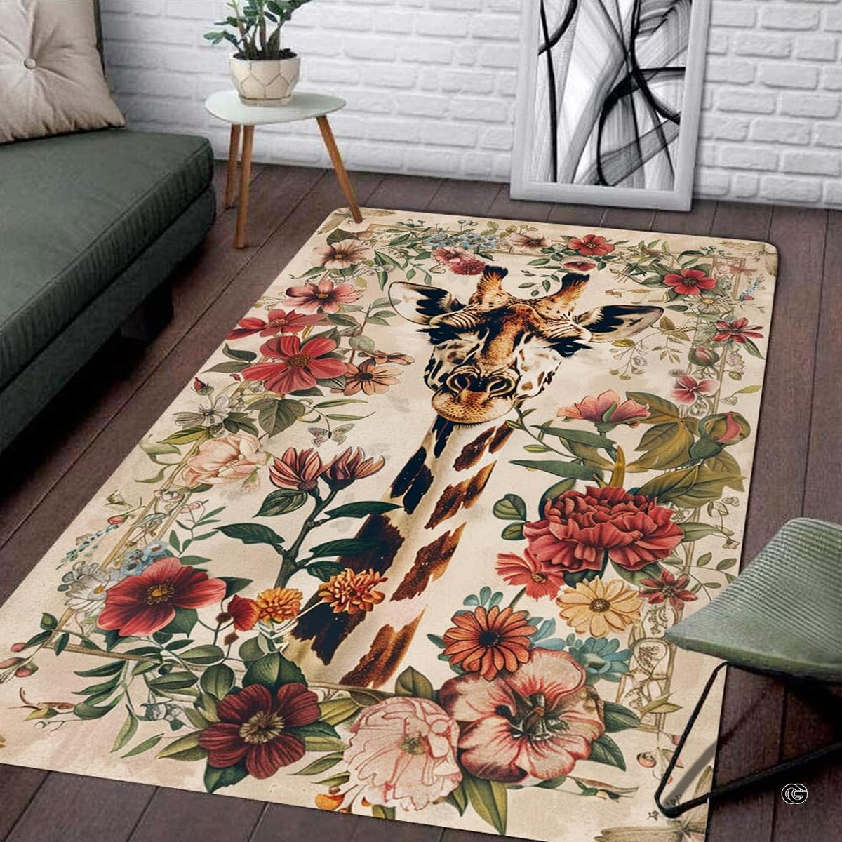 Modern living room setting displaying the vintage floral giraffe portrait area rug - image 1 of 7