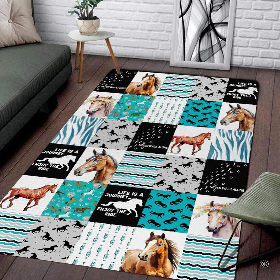 Western equestrian area rug featuring mustang silhouettes, horseshoes, and chevron patterns in turquoise and chestnut.