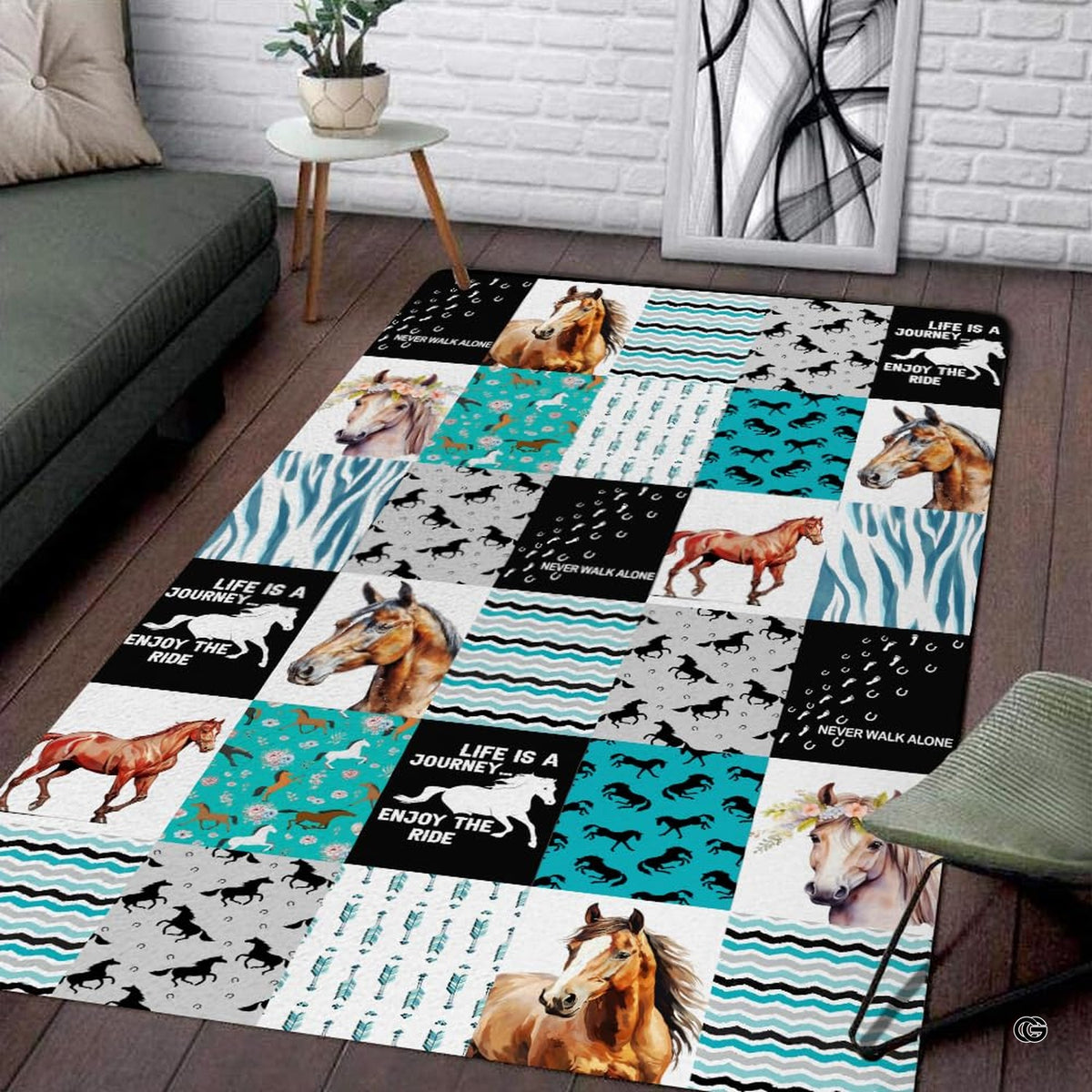 Western equestrian area rug featuring mustang silhouettes, horseshoes, and chevron patterns in turquoise and chestnut.