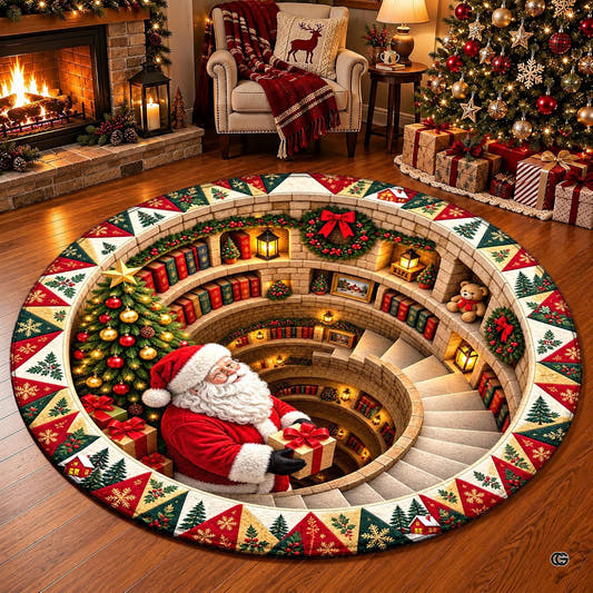 Santa Claus spiral library staircase circular area rug in top overhead view