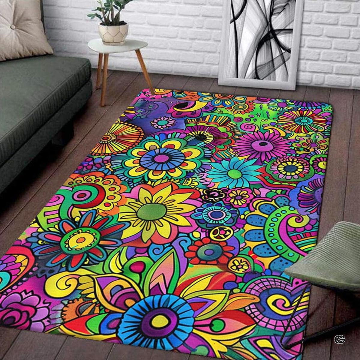 Overhead view of psychedelic hippie floral area rug with colorful daisies and paisley swirls.