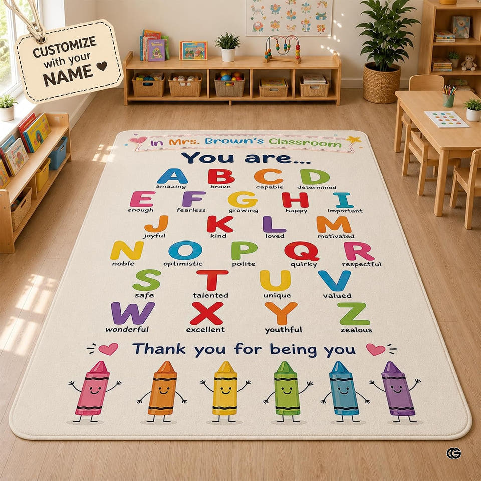 Alphabet affirmation crayons elementary kids area rug in primary perspective