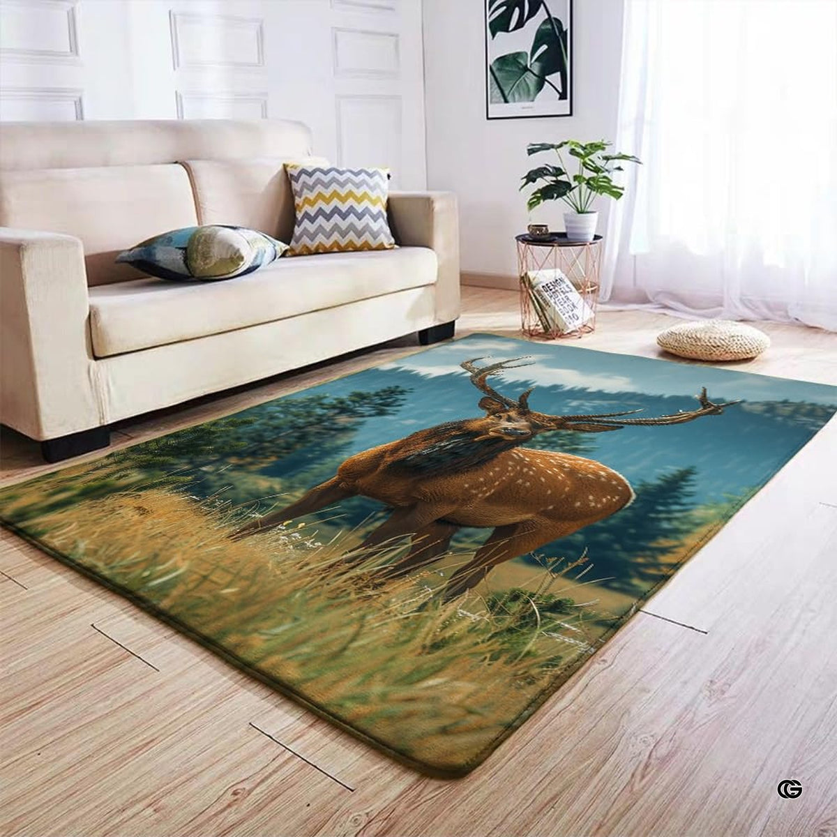 Anti-slip dot backing and clean hemmed edge stitching on bull elk area rug