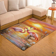Close-up of painted flamingo artwork highlighting textured brushstrokes, golden sun rays, and delicate shore reeds. - thumbnail image 3 of 7