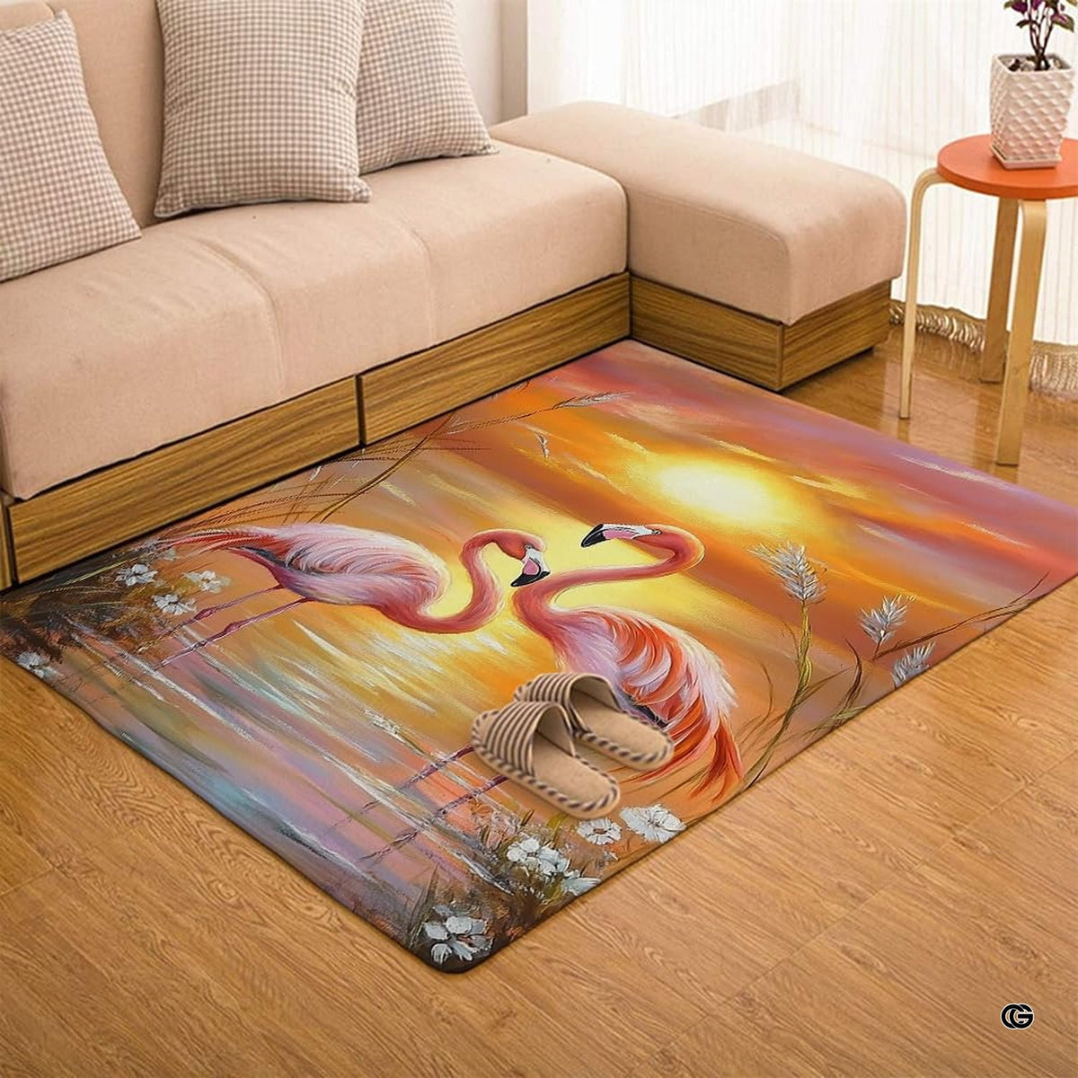 Close-up of painted flamingo artwork highlighting textured brushstrokes, golden sun rays, and delicate shore reeds. - image 3 of 7