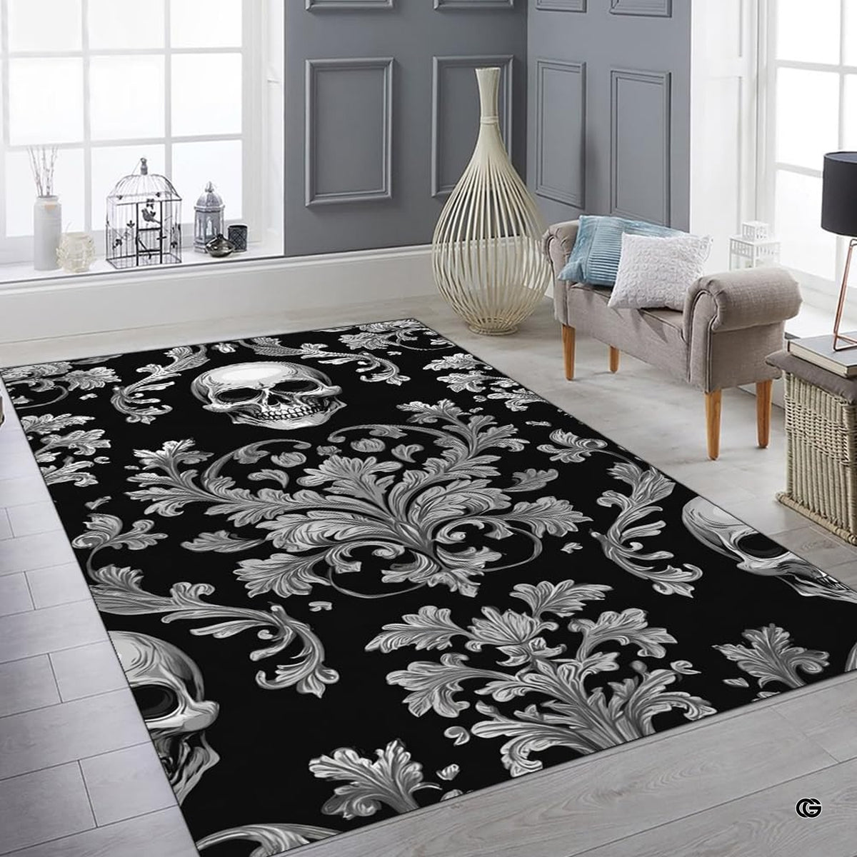 Outdoor patio or sitting mockup displaying the baroque skull area rug
