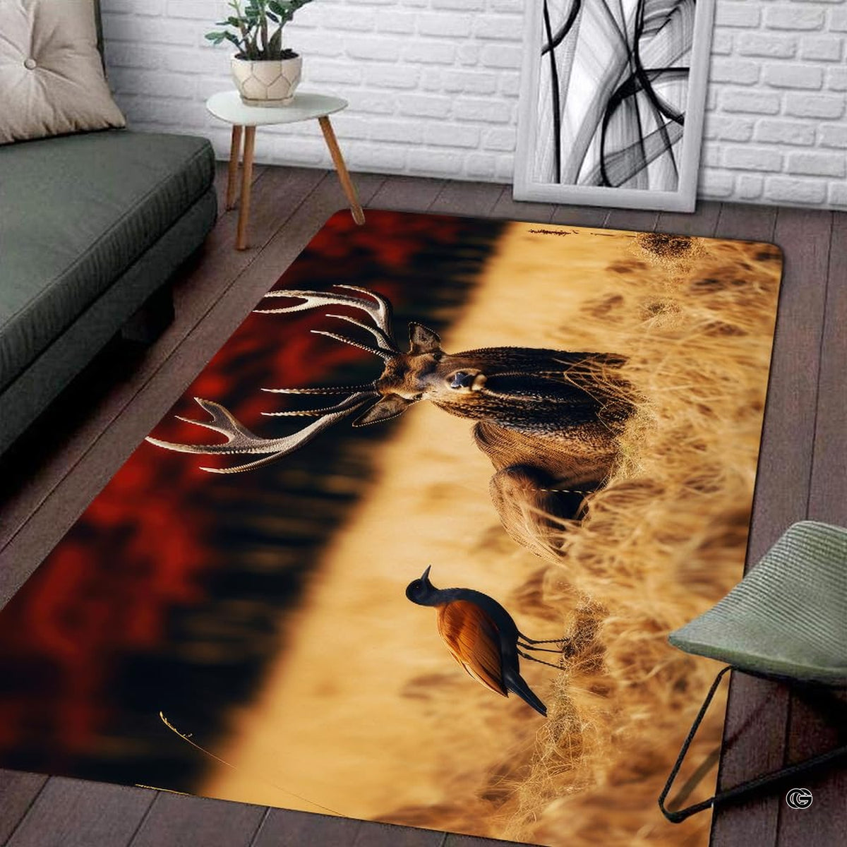 Red deer stag and songbird autumn meadow illustration rectangular area rug.