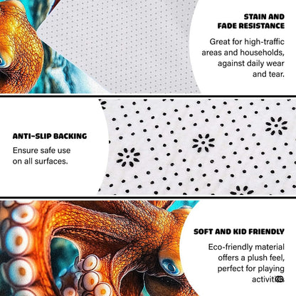 Dimensions and sizing options chart for realistic giant octopus ocean living room area rug - thumbnail image 2 of 7
