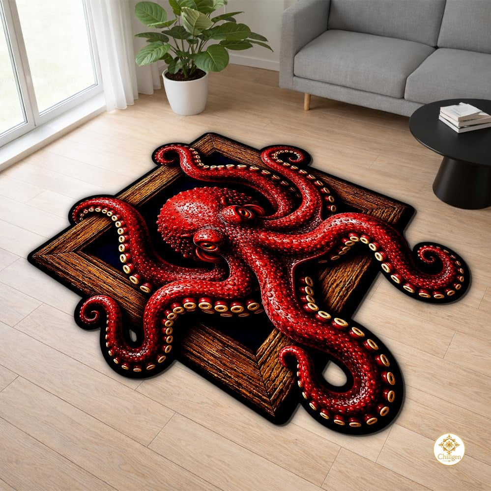 Personalized Octopus Shaped Welcome Mat with Name and Waves - D2