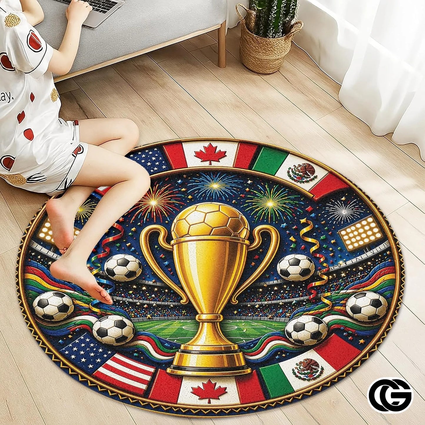 Custom Soccer Round Rug with Championship Trophy and World Flags - D7