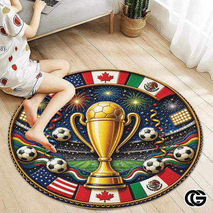 Custom Soccer Round Rug with Championship Trophy and World Flags - D7