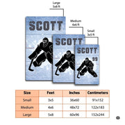 Dimensions and sizing chart for custom ice hockey goalie living room area rug - thumbnail image 2 of 7