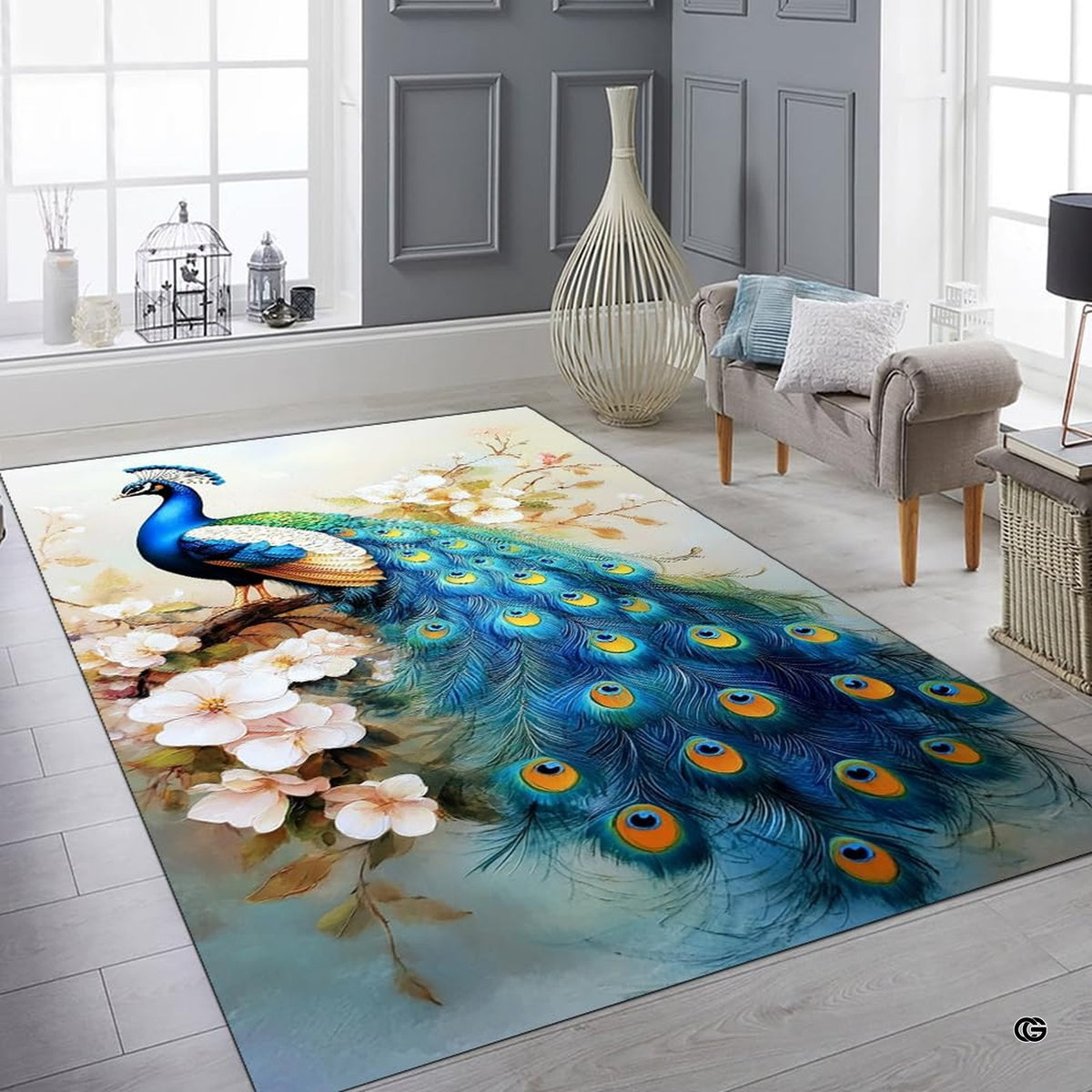 Bedroom layout showing the vibrant peacock floral rug near wooden furnishings - image 6 of 8