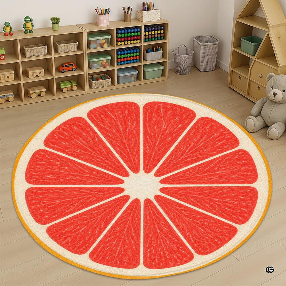 Round grapefruit slice rug in a bright nursery