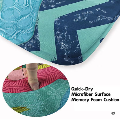 Tropical floor mat displaying geometric chevron ocean waves alongside vibrant botanical foliage. - thumbnail image 6 of 7