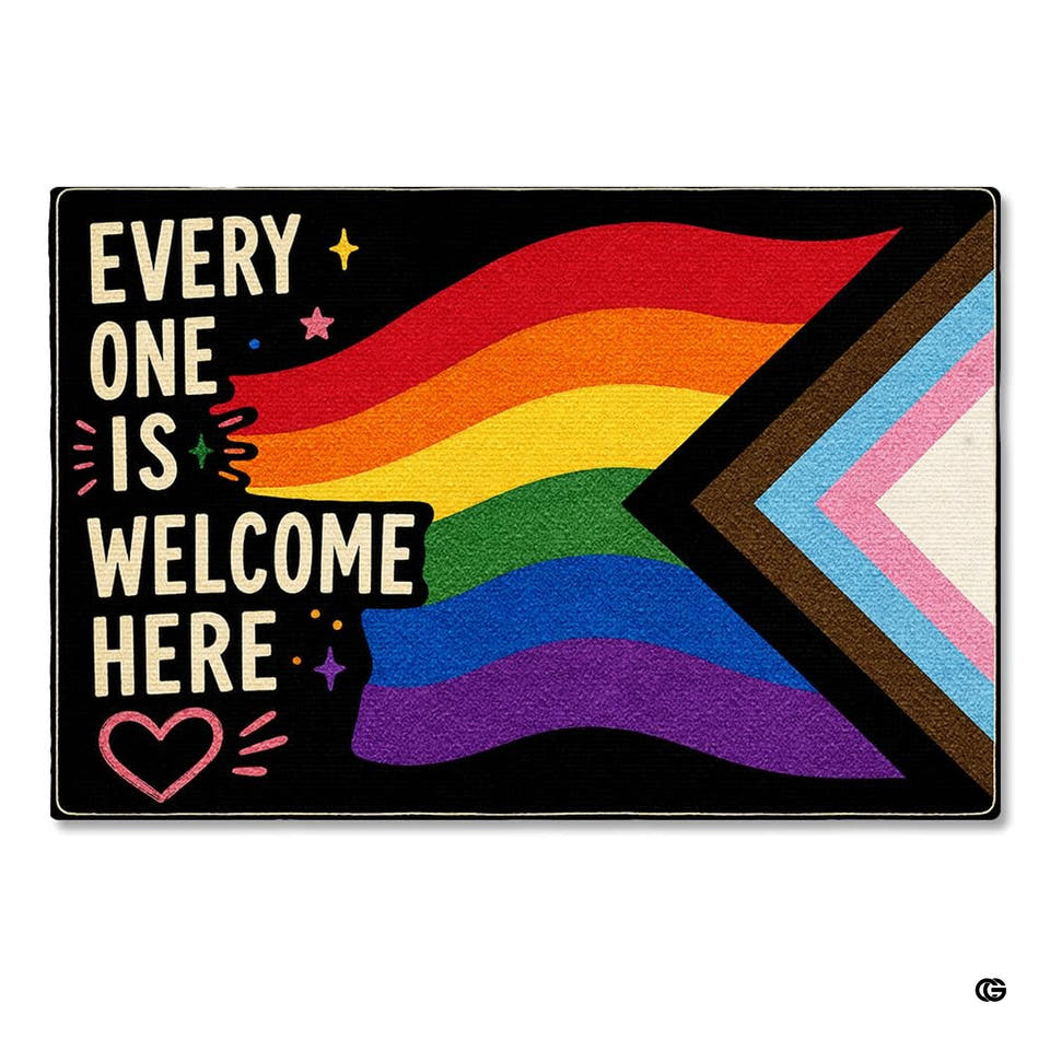 Personalized Pride Rainbow Doormat, LGBTQ Welcome Mat, Inclusive Front Porch Decor, Colorful Entryway Rug, Indoor Outdoor Floor Mat (Everyone Welcome)