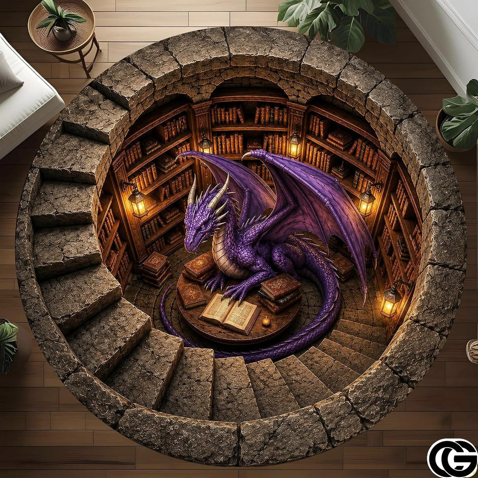 Personalized Dragon Round Rug with 3D Effect and Bookshelf