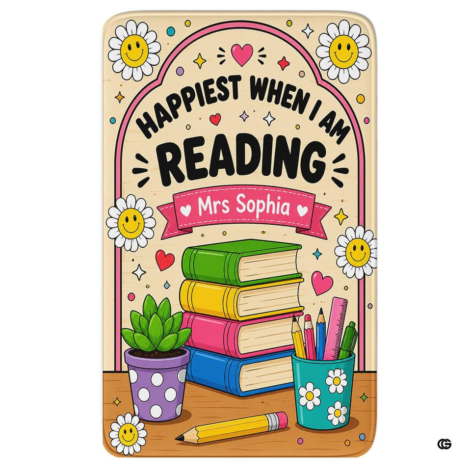 Happiest when reading daisy book lover rectangular area rug on cream.