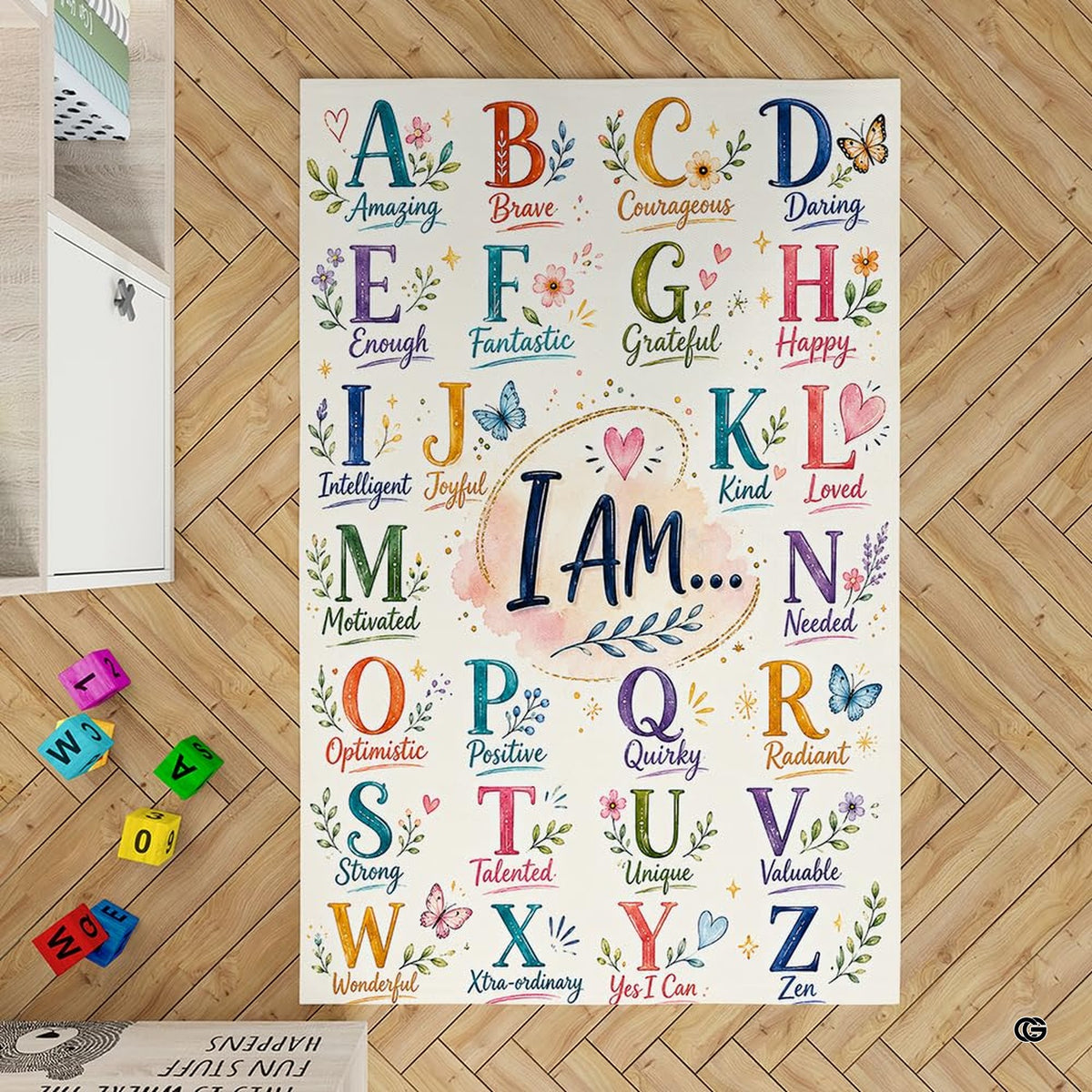 Dimensions and sizing options chart for positive alphabet affirmations classroom area rug