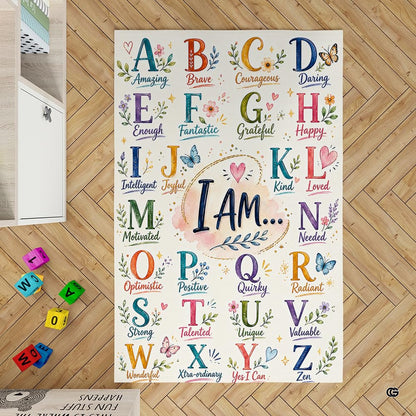 Dimensions and sizing options chart for positive alphabet affirmations classroom area rug - thumbnail image 2 of 7