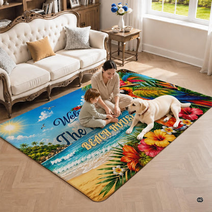 Personalized Tropical Beach Rug, Custom Family Name Tropical Outdoor Rug, Flamingo Surfboard Ocean Area Rug for Living Room, Patio, Beach House Decor, Design 04